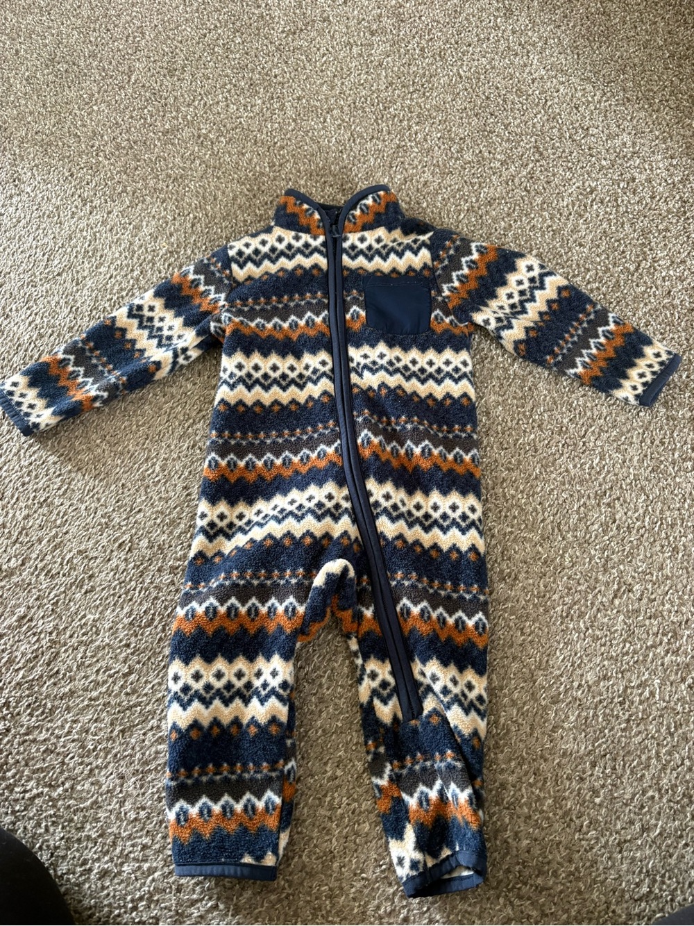 One-Piece Fleece Zip Aztec print in Navy, Cream & Orange